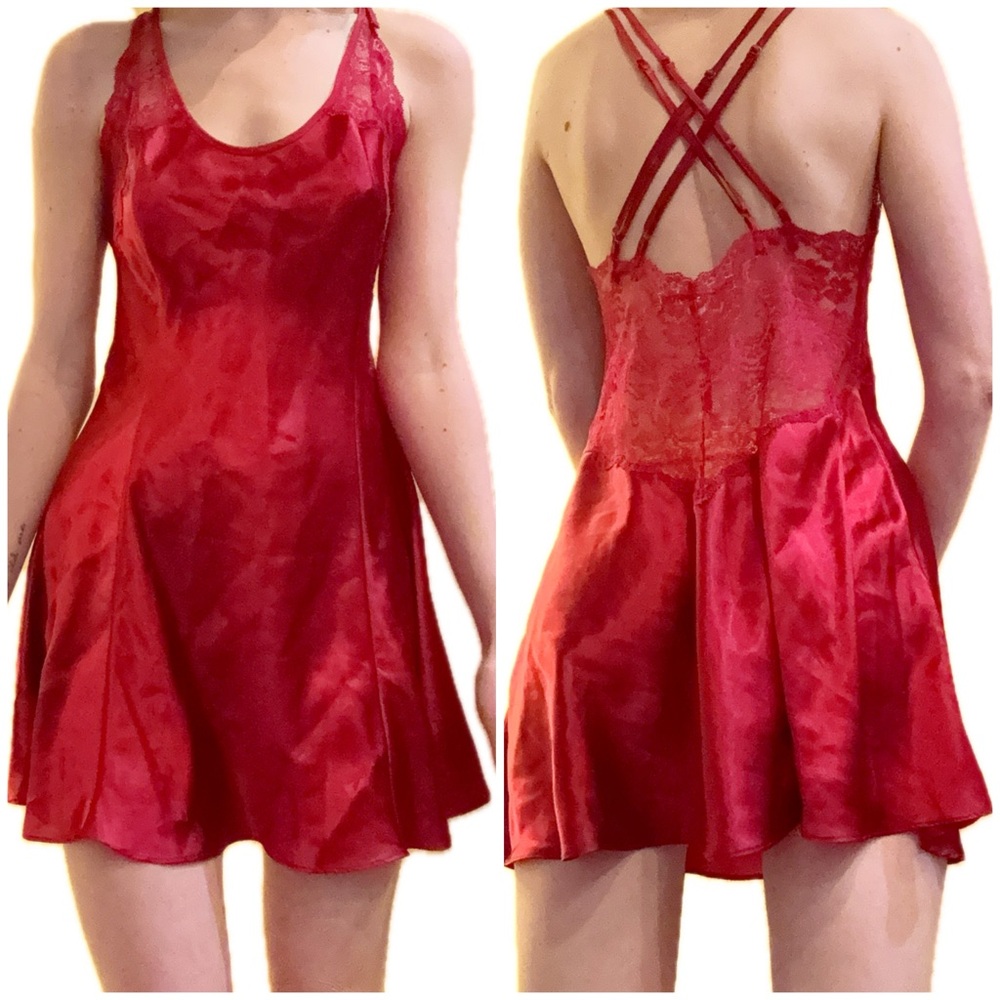 Victoria's Secret Red Satin & Lace Chemise with Crisscross Back